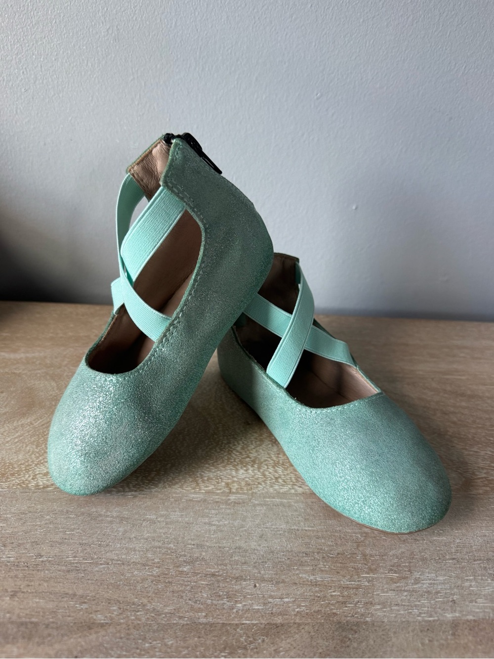 Monkey Feet Mint Green Glitter Ballet Flats with Elastic Cross Straps